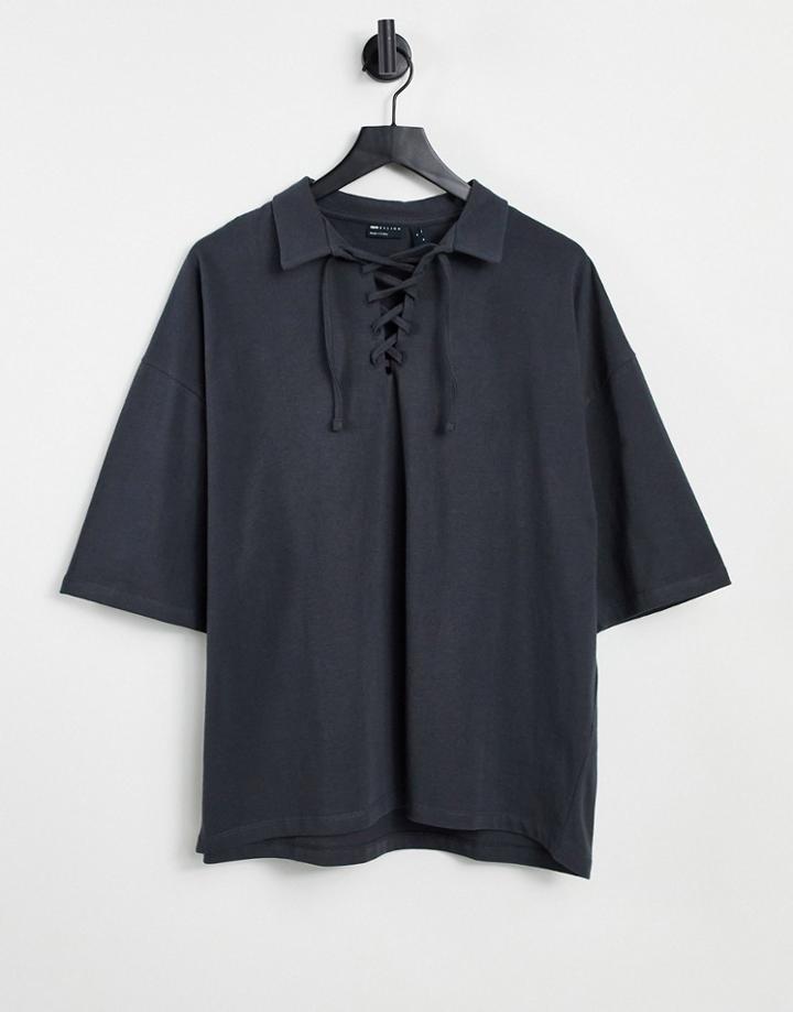 Asos Design Oversized Polo With Half Sleeve And Tie Neck Detail In Washed Black-brown