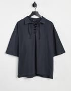 Asos Design Oversized Polo With Half Sleeve And Tie Neck Detail In Washed Black-brown