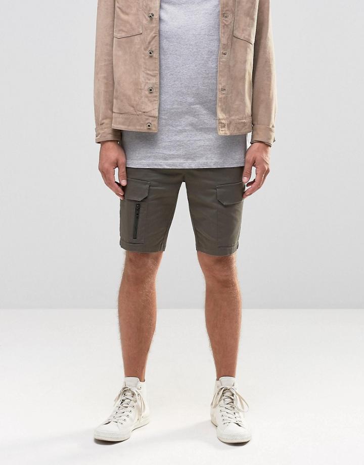 Asos Skinny Cargo Shorts With Zips In Dark Green - Forest Night