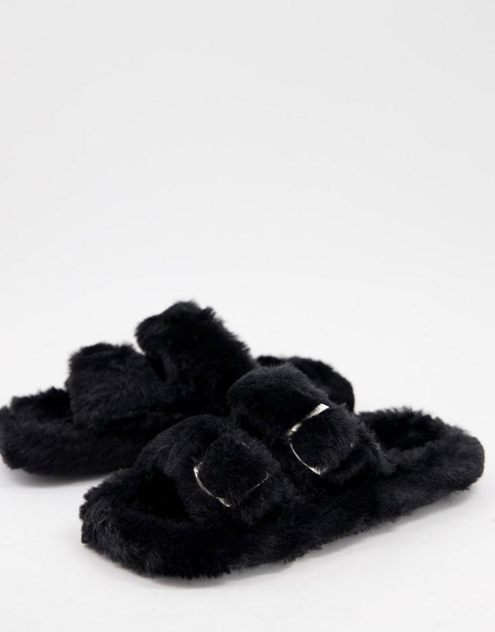 Simmi London Lotus Fluffy Buckle Slippers In Black