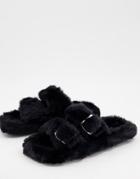 Simmi London Lotus Fluffy Buckle Slippers In Black