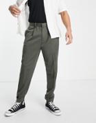 Asos Design Tapered Twill Smart Pants With Turn Up In Khaki-green