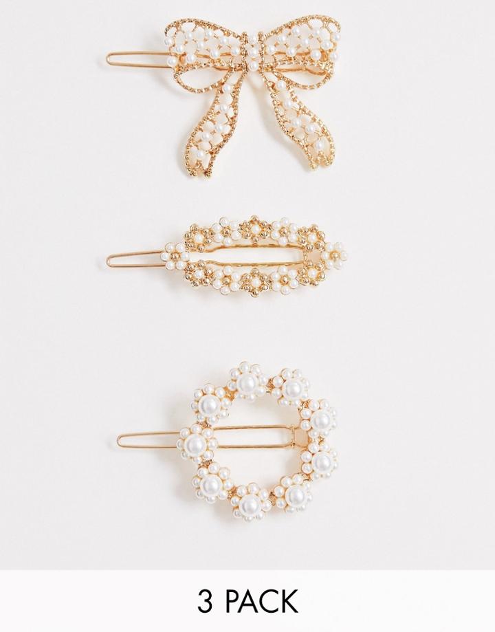 Asos Design Pack Of 3 Hair Clips In Pearl Open Shape And Bow Designs In Gold Tone