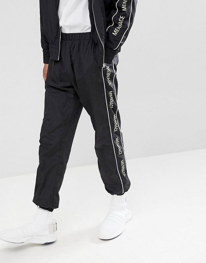 Mennace Joggers In Black Shell Suit With Signature Side Stripe - Black