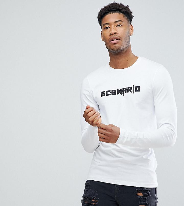 Asos Tall Muscle Longline Long Sleeve T-shirt With Scenario Print - White