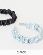 Asos Design Pack Of 2 Ruched Headbands In Black And Blue Satin-multi