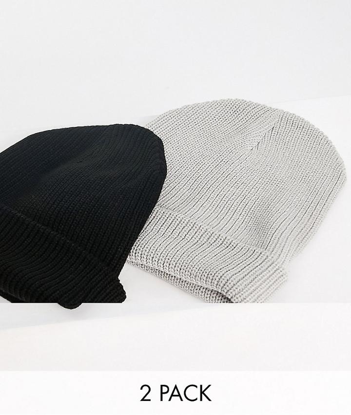 New Look 2 Pack Fisherman Beanie In Black And Gray-multi