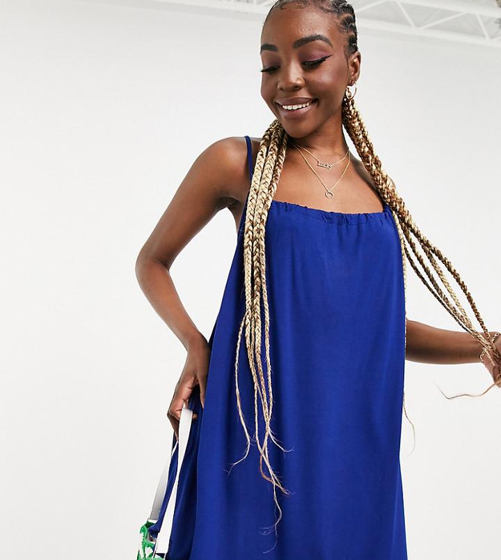 Asos Design Tall Gathered Neck Strappy Mini Sundress In Navy
