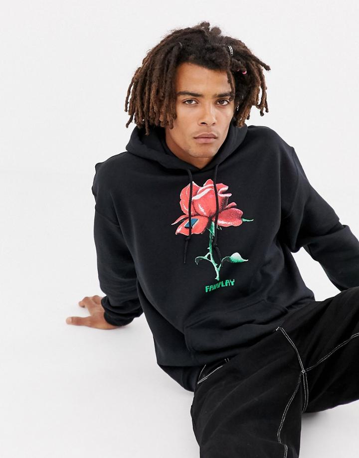 Fairplay Hoodie With Digital Rose Chest Print In Black - Black