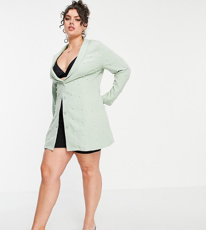 Saint Genies Plus Exclusive Pearl Embellished Blazer Dress In Sage-green