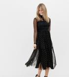 Lace & Beads Long Sleeve Tulle Midi Dress With Metallic Spot - Black