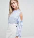 Boohoo Striped Cold Shoulder Tie Sleeve Blouse - Blue