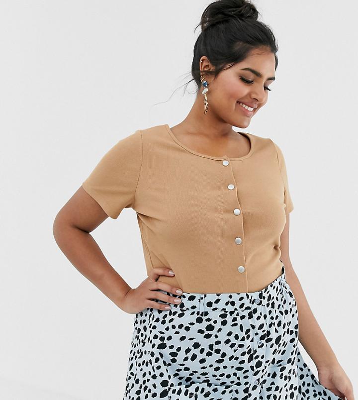 Glamorous Curve Button Through Crop Top In Rib-brown