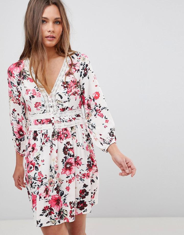 En Creme Button Up Mini Floral Dress With Lace Inset - Pink