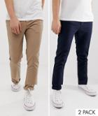 Asos Design 2 Pack Skinny Chinos In Navy & Stone Save - Multi