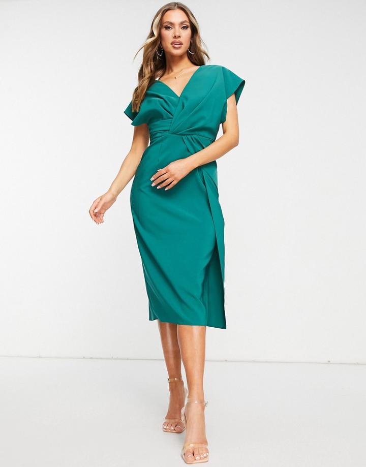 Asos Design Twist And Drape Front Midi Pencil Dress In Forest Green