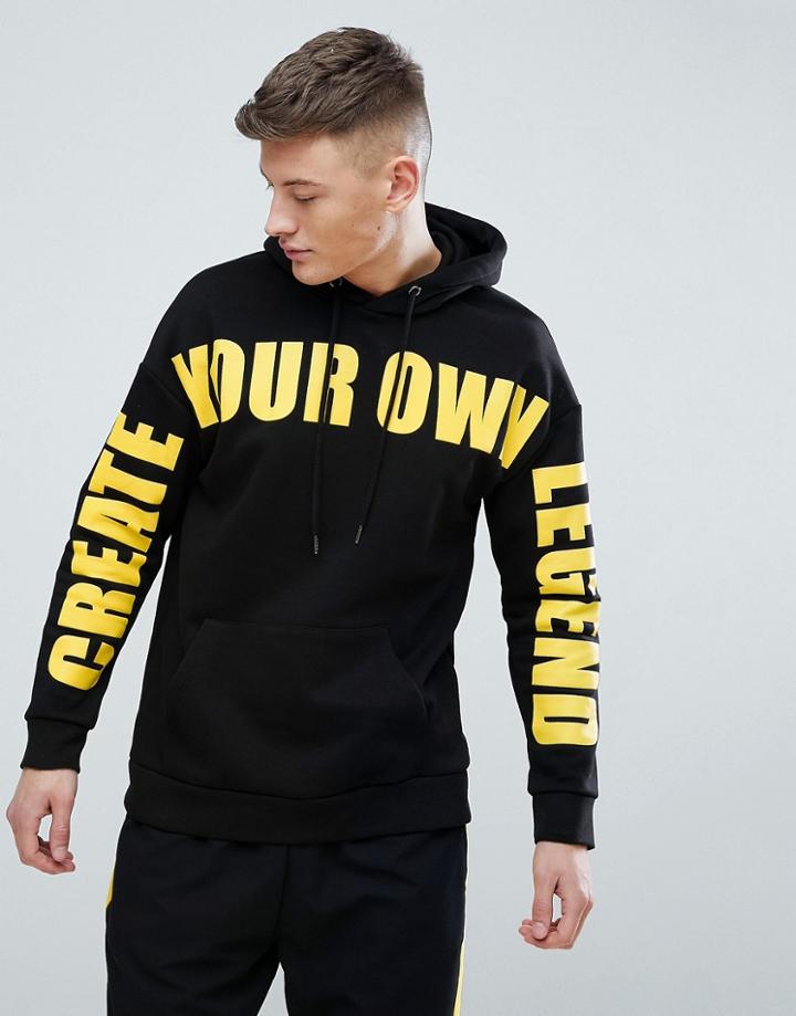 Bershka Slogan Hoodie In Black - Black