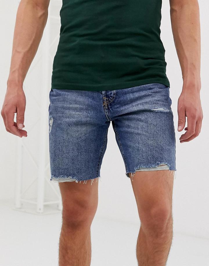 Bershka Slim Fit Denim Shorts With Raw Hem And Rips In Mid Blue