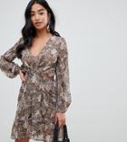 Asos Design Petite Long Sleeve Mini Dress With Open Back In Snake Print With Ruffle Details-multi