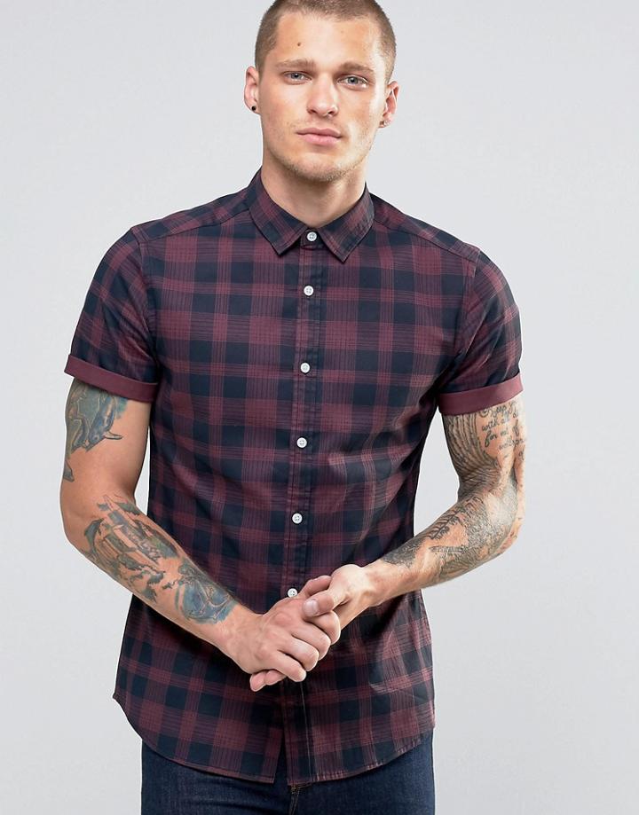 Asos Skinny Printed Check Shirt In Purple - Purple