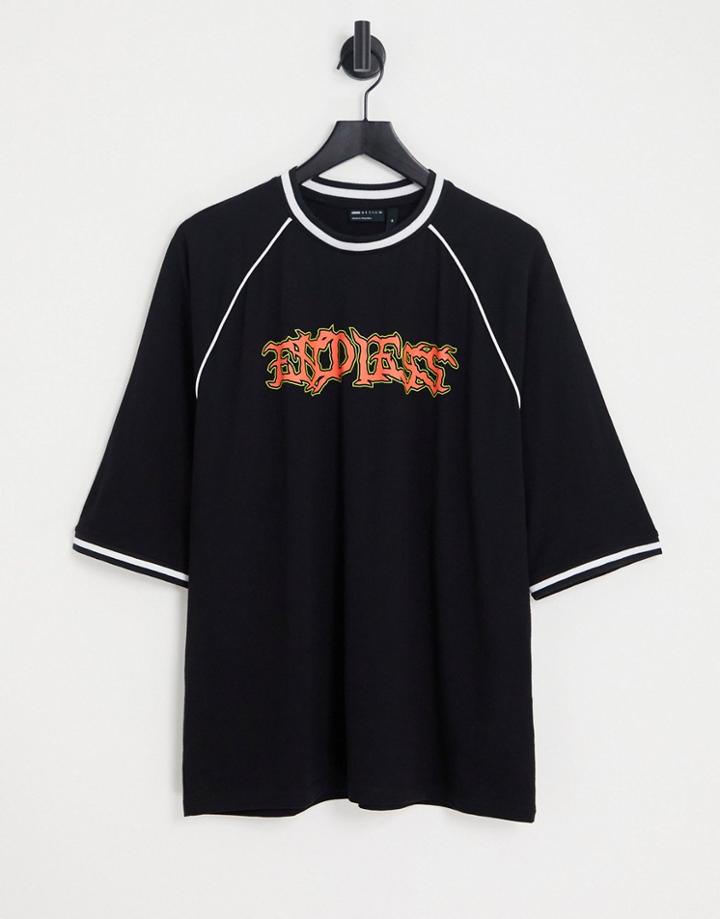 Asos Design Oversized T-shirt In Black With Grunge Front Print And Tipping Details
