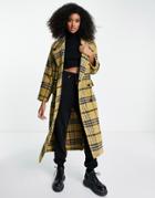 Topshop Oversized Check Long Coat In Yellow