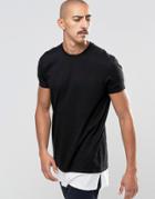 Asos Super Longline T-shirt With Offset Shoulder Seam And Rib Hem Extender In Black