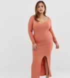 Asos Design Curve Rib Maxi Dress With Sweetheart Neck And Split - Orange