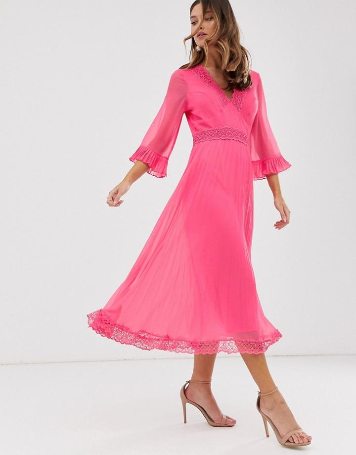 Asos Design Pleated Midi Dress With Lace Inserts - Pink