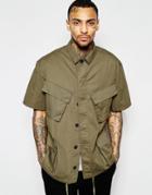 Asos Khaki Military Shirt With 4 Pockets In Half Sleeve - Khaki