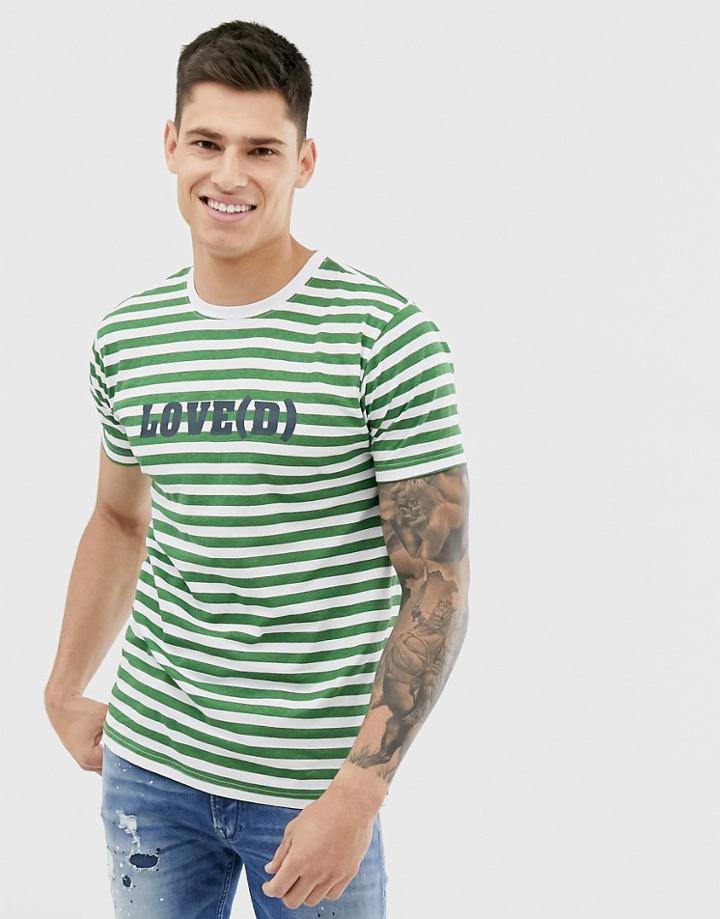 Brave Soul Slogan Green Stripe T-shirt - Multi