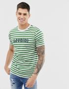 Brave Soul Slogan Green Stripe T-shirt - Multi