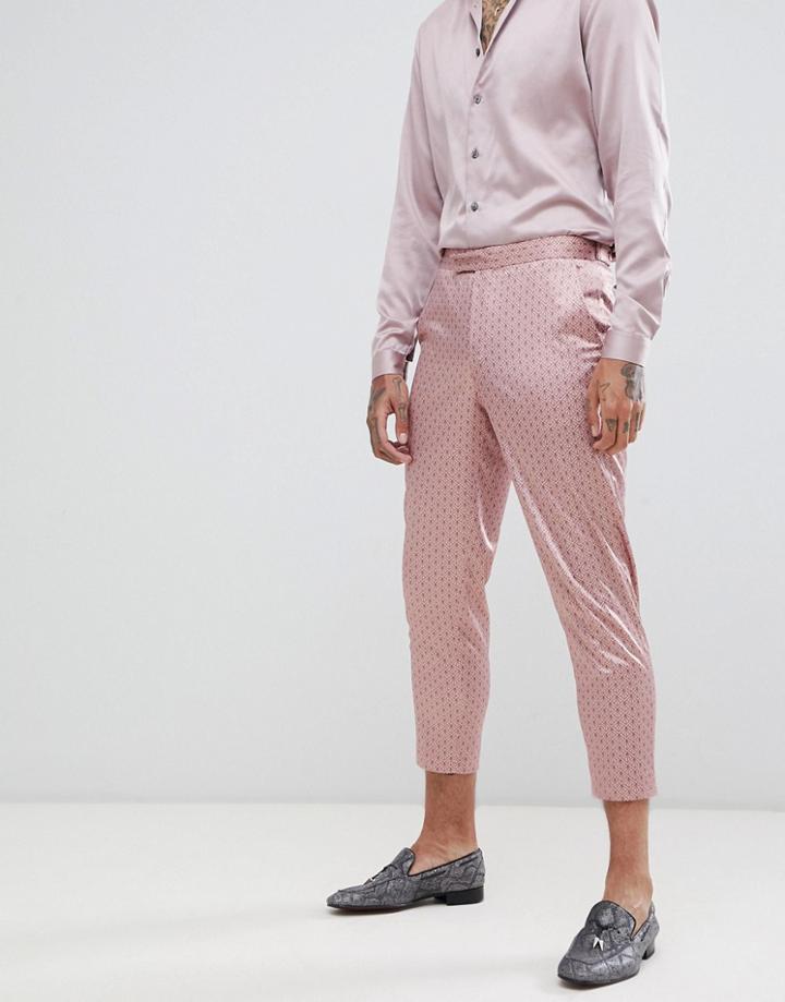 Asos Design Slim Crop Suit Pants In Mink Sateen Print - Pink
