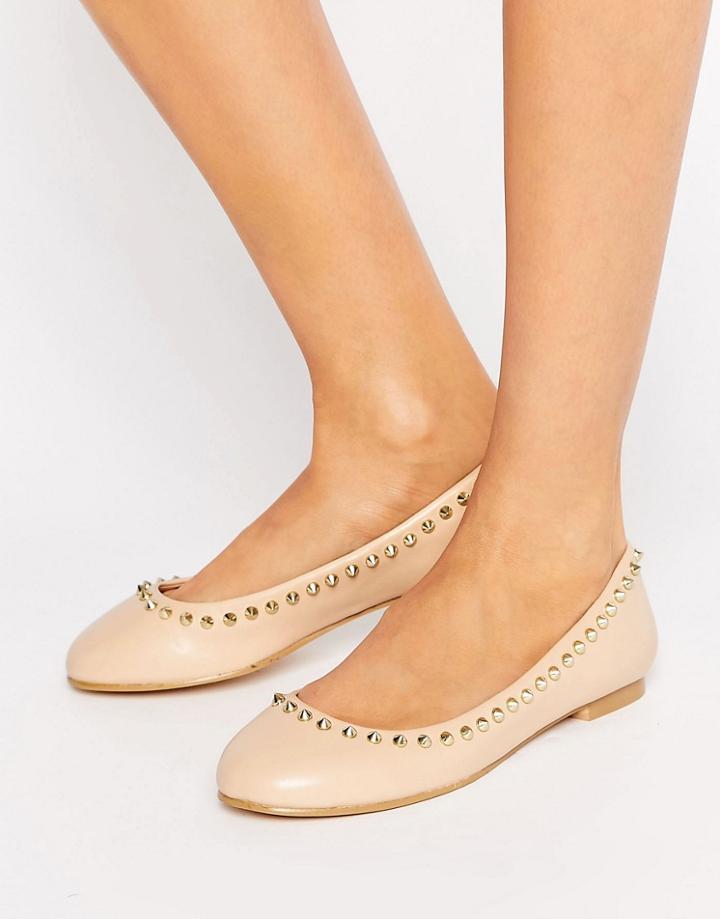 London Rebel Stud Trim Ballerina - Beige