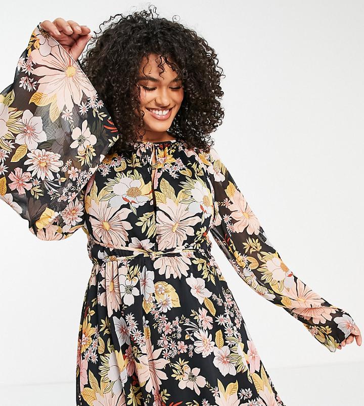 Asos Design Curve Keyhole Front Belted Mini Skater Dress In Retro Floral Print-multi