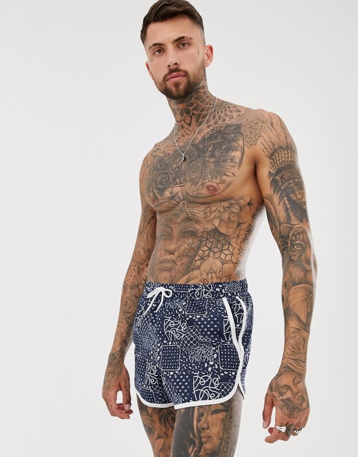 Asos Design Runner Swim Short With Cut And Sew Rope And Bandana Print-multi