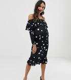 Asos Design Maternity Pephem Detail Off Shoulder Midi Dress In Spot Detail-multi
