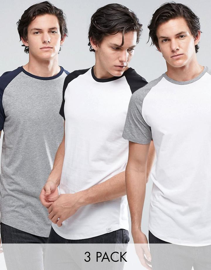 Jack & Jones Originals Contrast Raglan T-shirt 3 Pack Save - Multi
