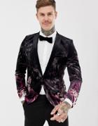 Twisted Tailor Super Skinny Velvet Blazer With Faded Floral Print - Black
