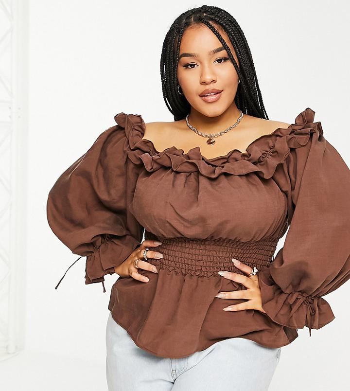 River Island Plus Shirred Waist Bardot Blouse In Brown
