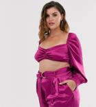 In The Style Plus Satin Button Front Bardot Crop Top In Raspberry - Gold