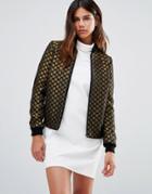 Helene Berman Zip Front Bomber Jacket In Black And Gold Spots - Black