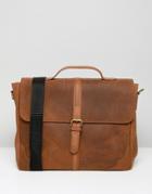 Asos Design Leather Satchel In Vintage Tan And Front Strap - Tan