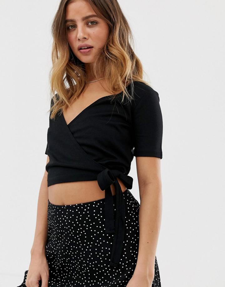 Bershka Wrap Crop Top In Black - Black