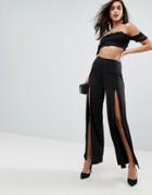 Asos Wide Leg Pants In Slinky With Thigh High Splits - Black
