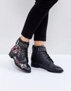 Miss Selfridge Embroidered Flat Ankle Boot - Black