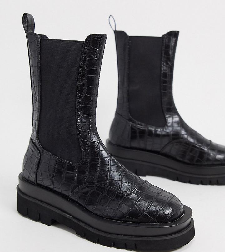 Z Code Z Wide Fit Nora Mid Calf Chunky Chelsea Boots In Black Croc