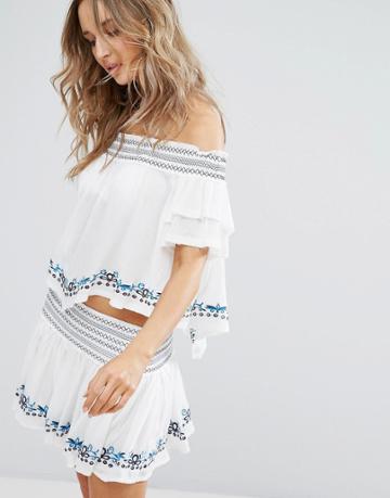 Surf Gypsy Embroidered Off The Shoulder Beach Top - White