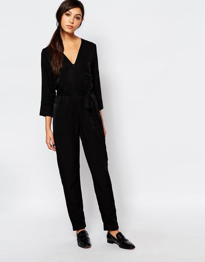 Neon Rose Relaxed Jumpsuit With Zip Front And Belt Detail - Black