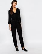 Neon Rose Relaxed Jumpsuit With Zip Front And Belt Detail - Black